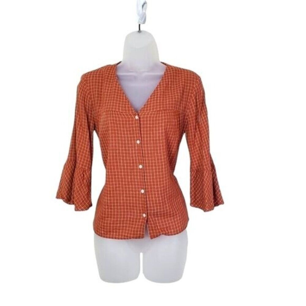 Madewell Womens Earthy Cottage Rustic Bell Sleeve Top XS Burnt Orange Windowpane